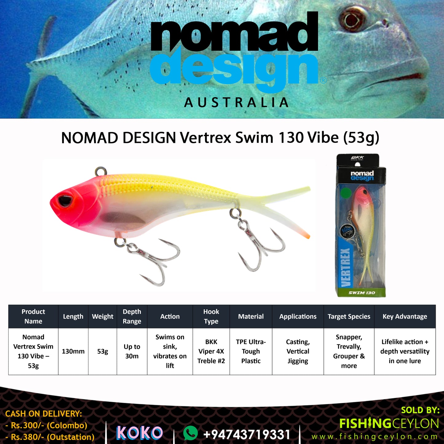 NOMAD DESIGN Vertrex Swim 130 Vibe (53g) - Fishing Ceylon
