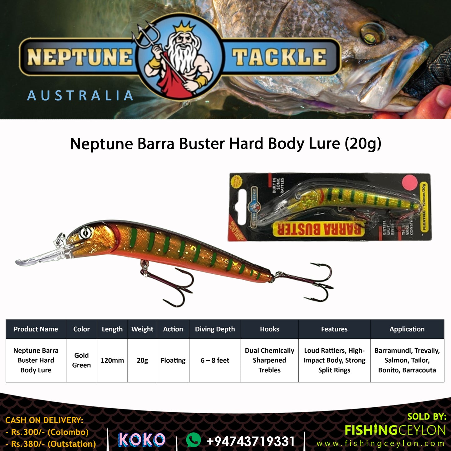 Neptune Barra Buster Hard Body Lure - Fishing Ceylon