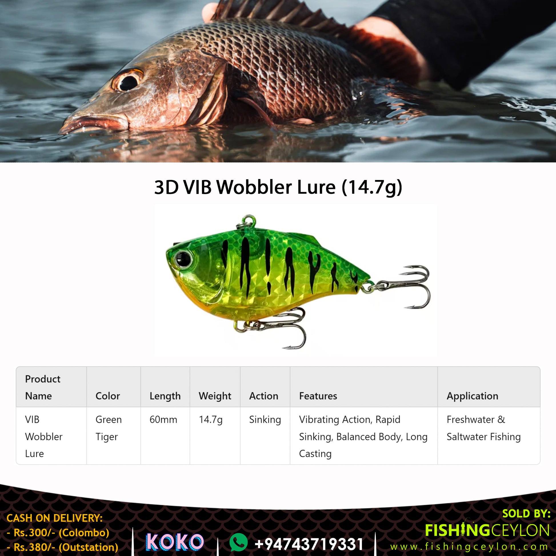 3D VIB Wobbler Lure (14.7g) - Fishing Ceylon 