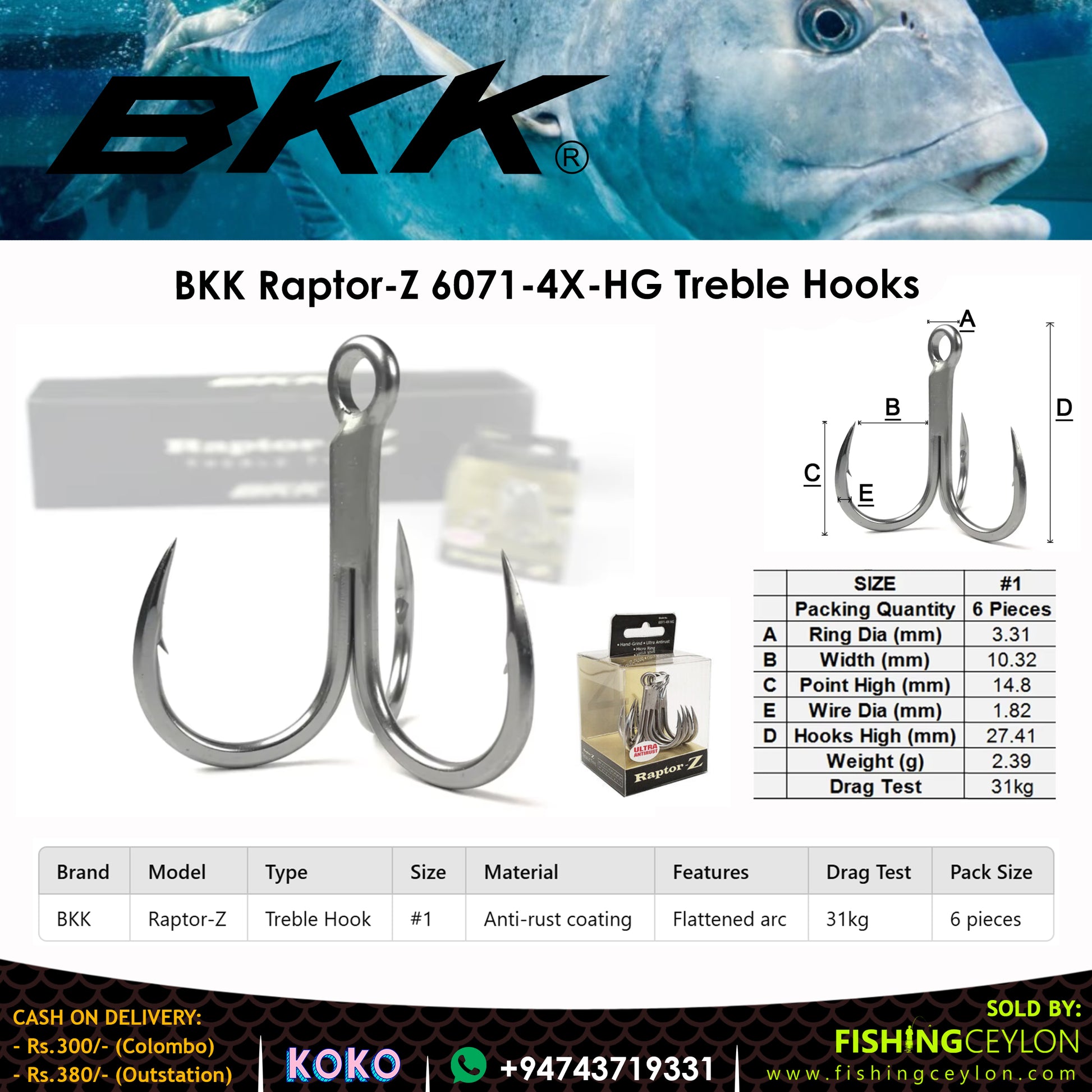 BKK Raptor-Z 6071-4X-HG Treble Hooks - Fishing Ceylon 