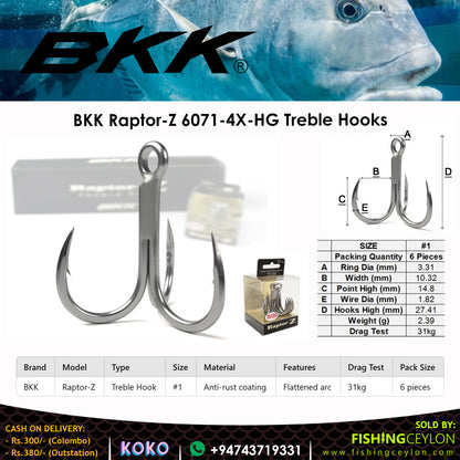 BKK Raptor-Z 6071-4X-HG Treble Hooks - Fishing Ceylon 