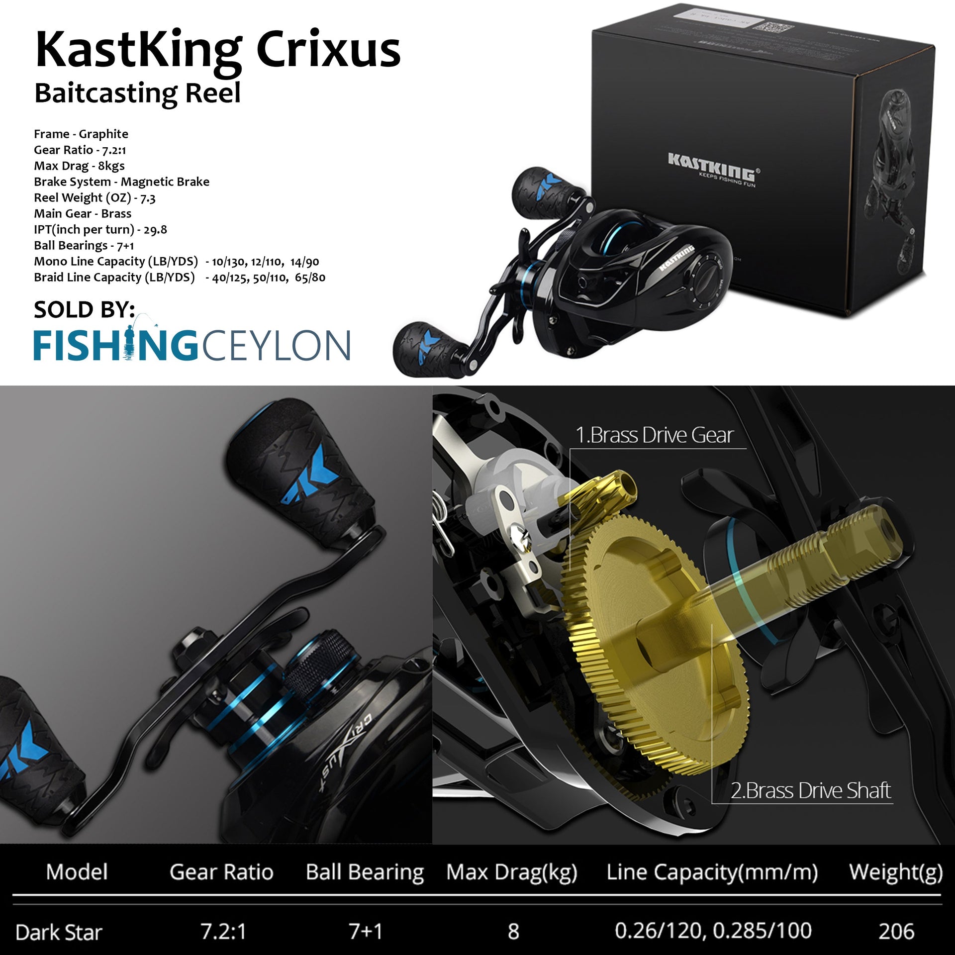 kastking baitcasting reel right hand crixus 7+1 bearing gear ratio