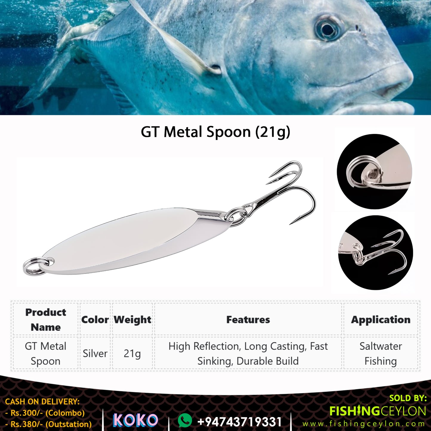 GT Metal Spoon (21g) - Fishing Ceylon 