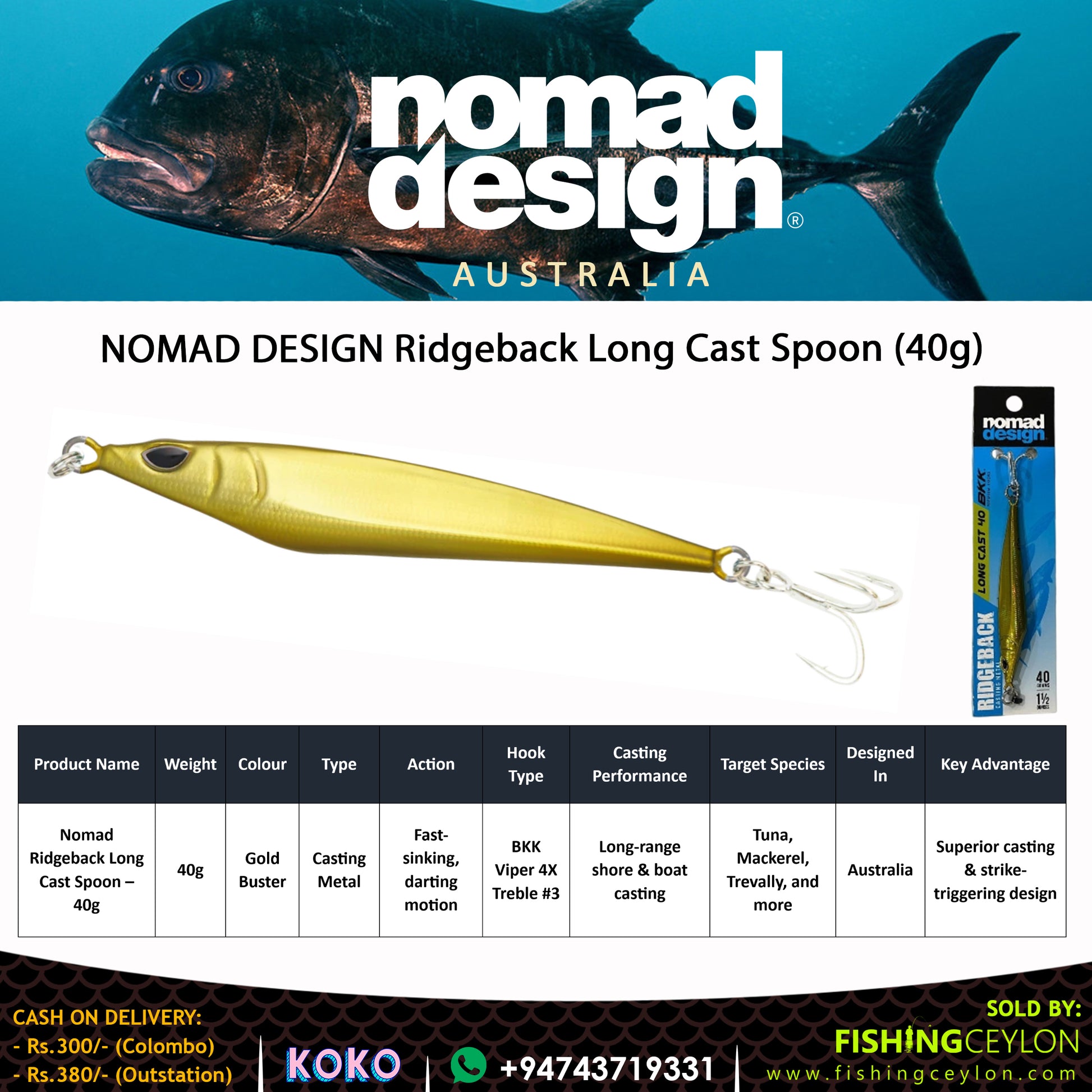 NOMAD DESIGN Ridgeback Long Cast Spoon (40g) - Fishing Ceylon 