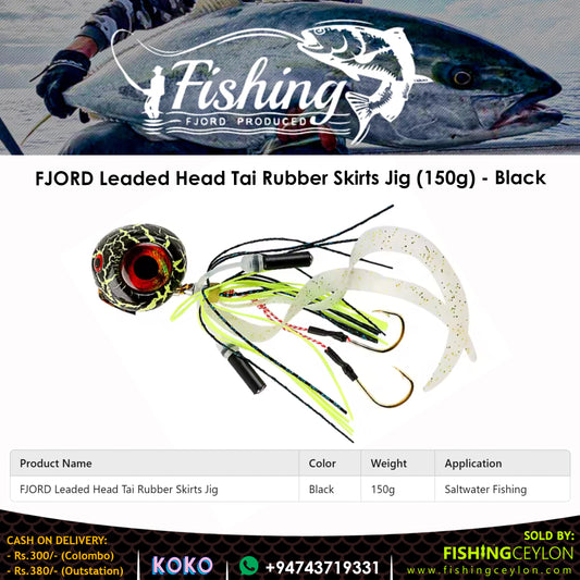 FJORD Leaded Head Tai Rubber Skirts Jig (150g) - (Black) - Fishing Ceylon 