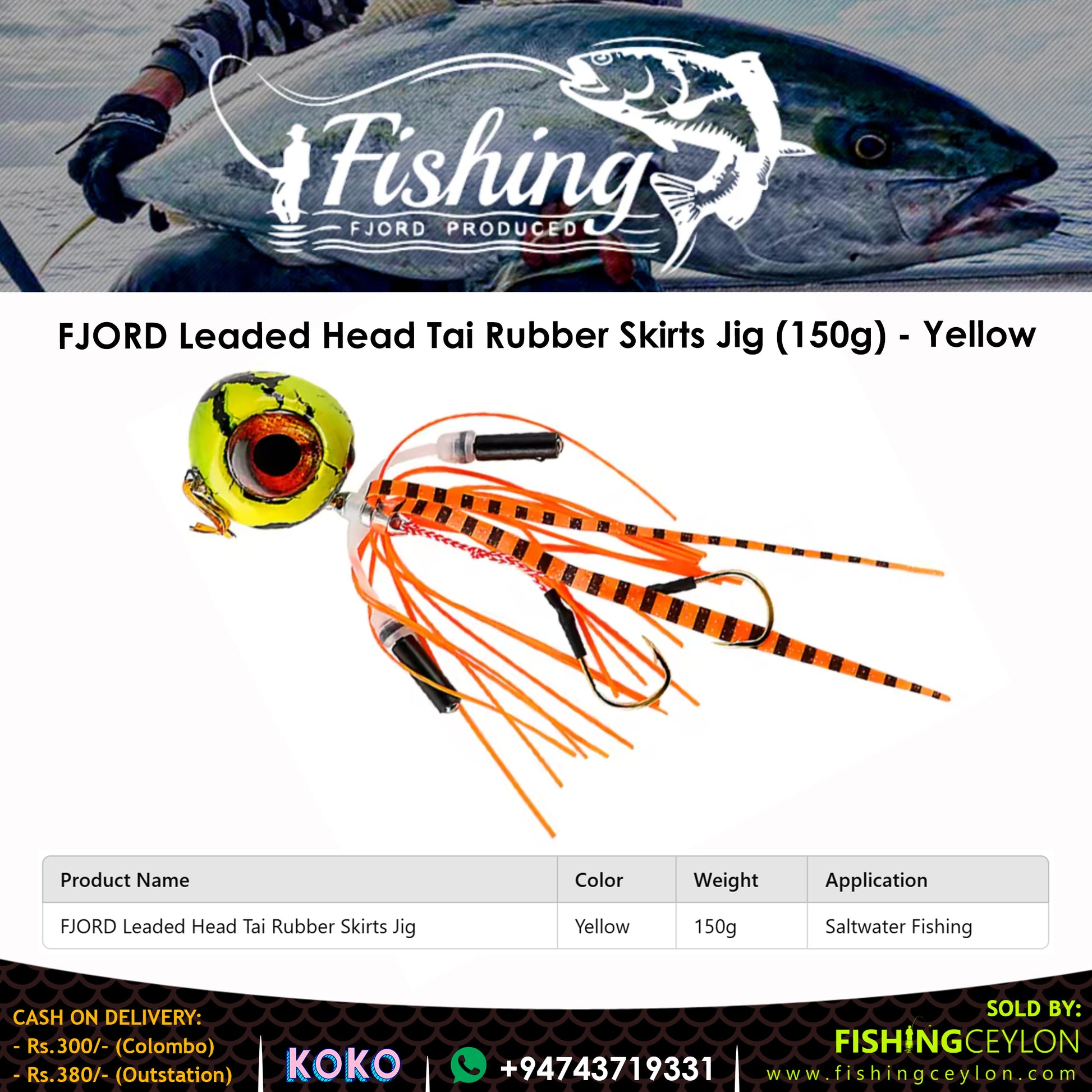 FJORD Leaded Head Tai Rubber Skirts Jig (150g) - (Yellow) - Fishing Ceylon 