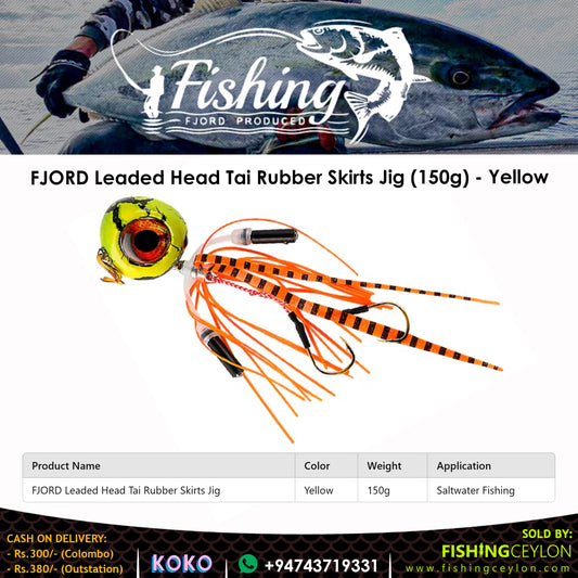 FJORD Leaded Head Tai Rubber Skirts Jig (150g) - (Yellow) - Fishing Ceylon 